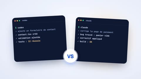 Deux terminaux côte à côte, Codex et Claude Code, séparés par un badge VS