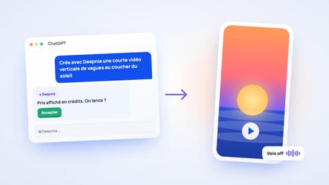 Une demande dans ChatGPT avec Deepnia qui devient une vidéo verticale de vagues au coucher du soleil, avec voix off