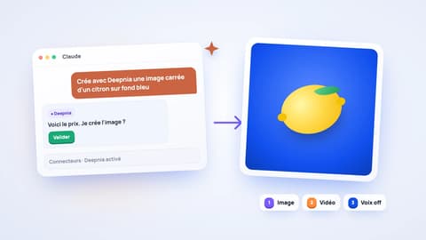 Une demande dans Claude avec le connecteur Deepnia qui devient l'image d'un citron sur fond bleu